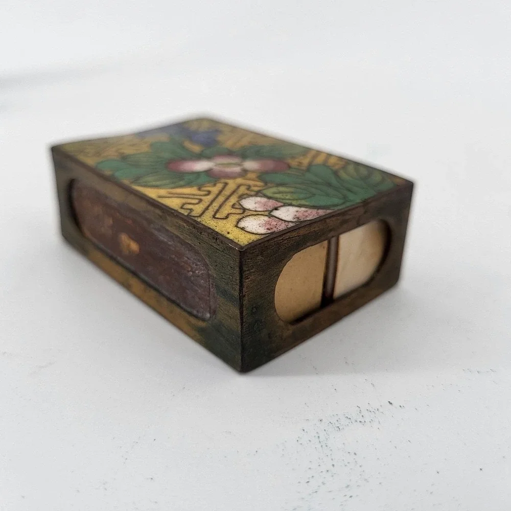 Antique Chinese Cloisonne‎ Enamel Matchbox Holder Floral Brass